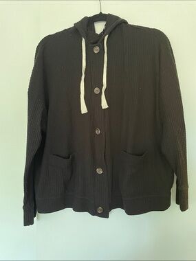 Black Button-Up Hoodie with 2 Front Pockets and Drawstring Size Unk May be an XL